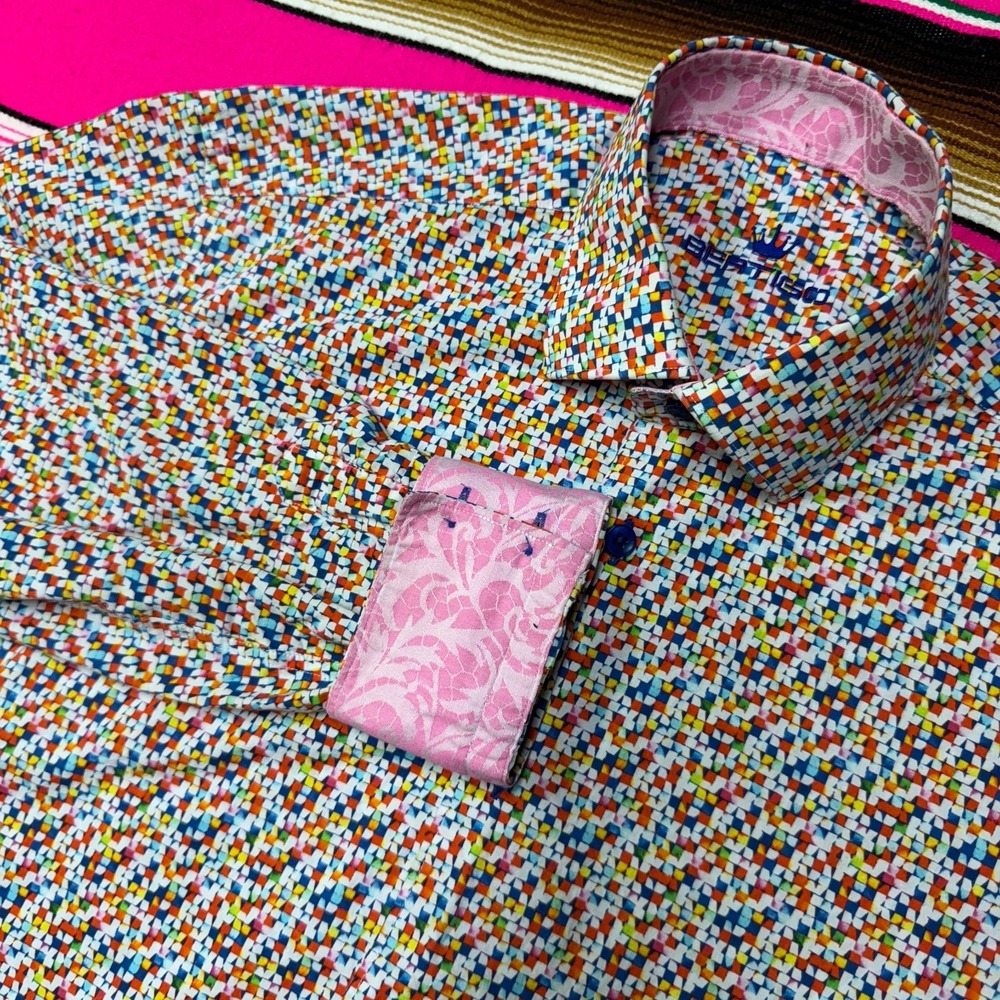 BERTIGO Dress Shirt Men's S Flip Cuff Multicolor Rainbow Geometric‎ AOP Print